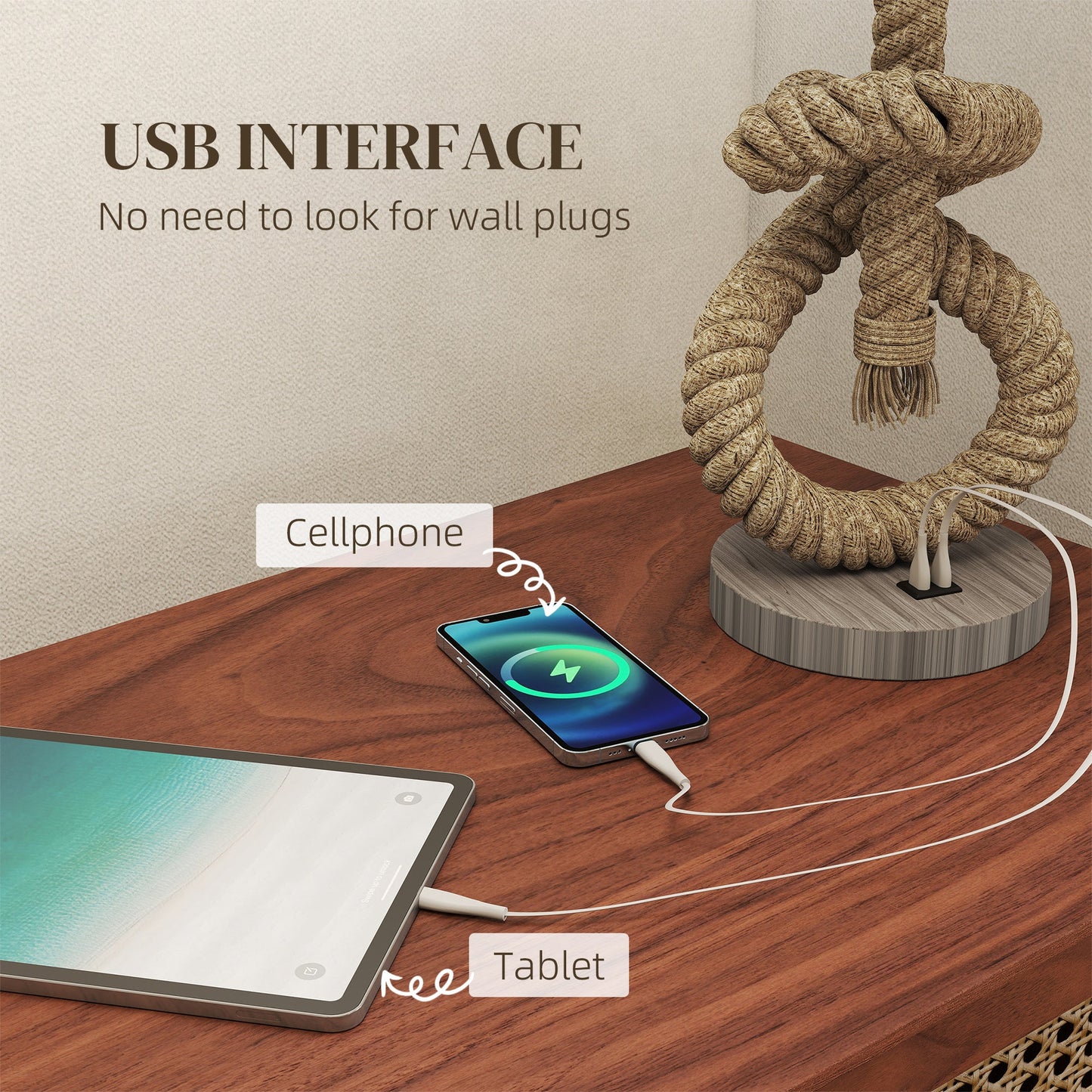 HOMCOM Nautical Table Lamps Set of 2 with USB Charging Port, Bedside Lamps for Bedroom Living Room, Warm White LED Bulb Included, with Hemp Rope, Natural