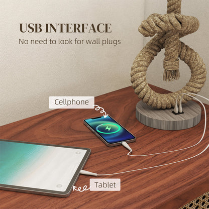 HOMCOM Nautical Table Lamps Set of 2 with USB Charging Port, Bedside Lamps for Bedroom Living Room, Warm White LED Bulb Included, with Hemp Rope, Natural
