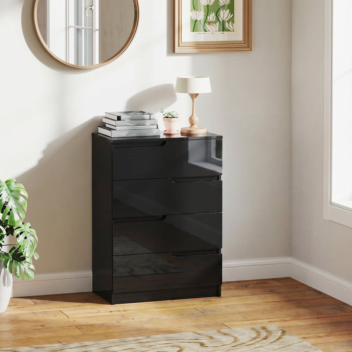 HOMCOM Chest of Four High Gloss Front Drawers - Black