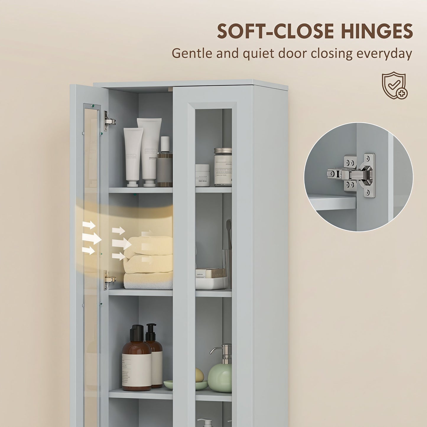 HOMCOM Tall Bathroom Storage Cabinet, 6-Tier Slim Bathroom Cabinet with Adjustable Shelf, 4 Soft-Close Doors, Dusty Blue