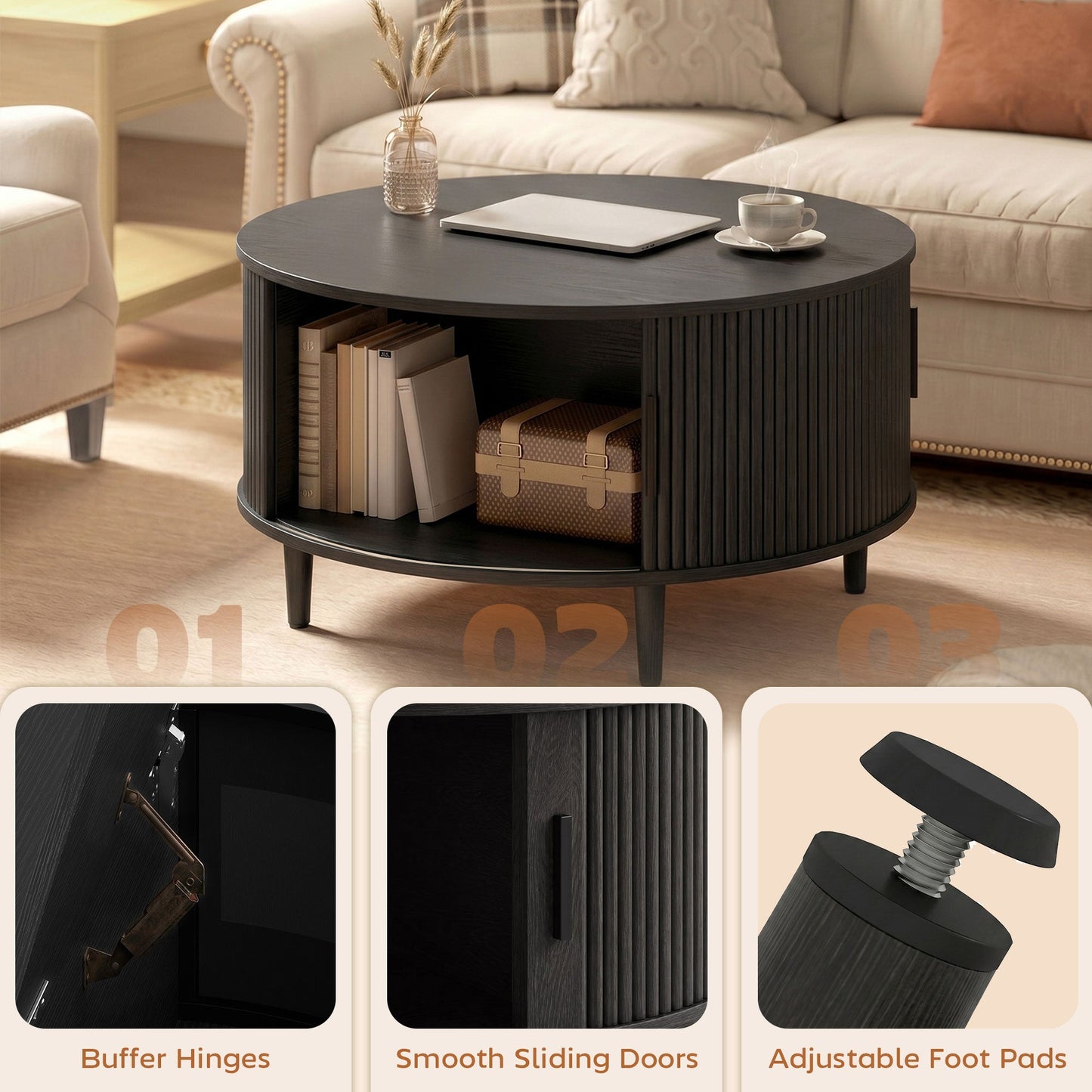 HOMCOM Coffee Table with Lift Top and Hidden Storage, Round Centre Table with Fluted Sliding Door, 80 cm, Black Wood Effect
