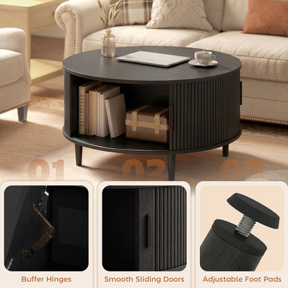 HOMCOM Coffee Table with Lift Top and Hidden Storage, Round Centre Table with Fluted Sliding Door, 80 cm, Black Wood Effect