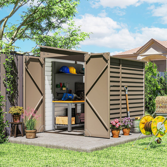 حظيرة حديقة Outsunny 5 × 9 قدم من المعدن المجلفن مع مجموعة أساس، سقيفة خارجية، بيت تخزين الأدوات بأبواب قابلة للقفل، قفازات و2 فتحة تهوية للفناء، الحديقة، بني