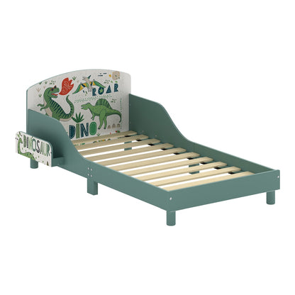 AIYAPLAY Toddler Bed with Bedside Storage and Guard Rails for 3-8, Fits 140 x 70 x 10cm Mattress, Green Dinosaur Print