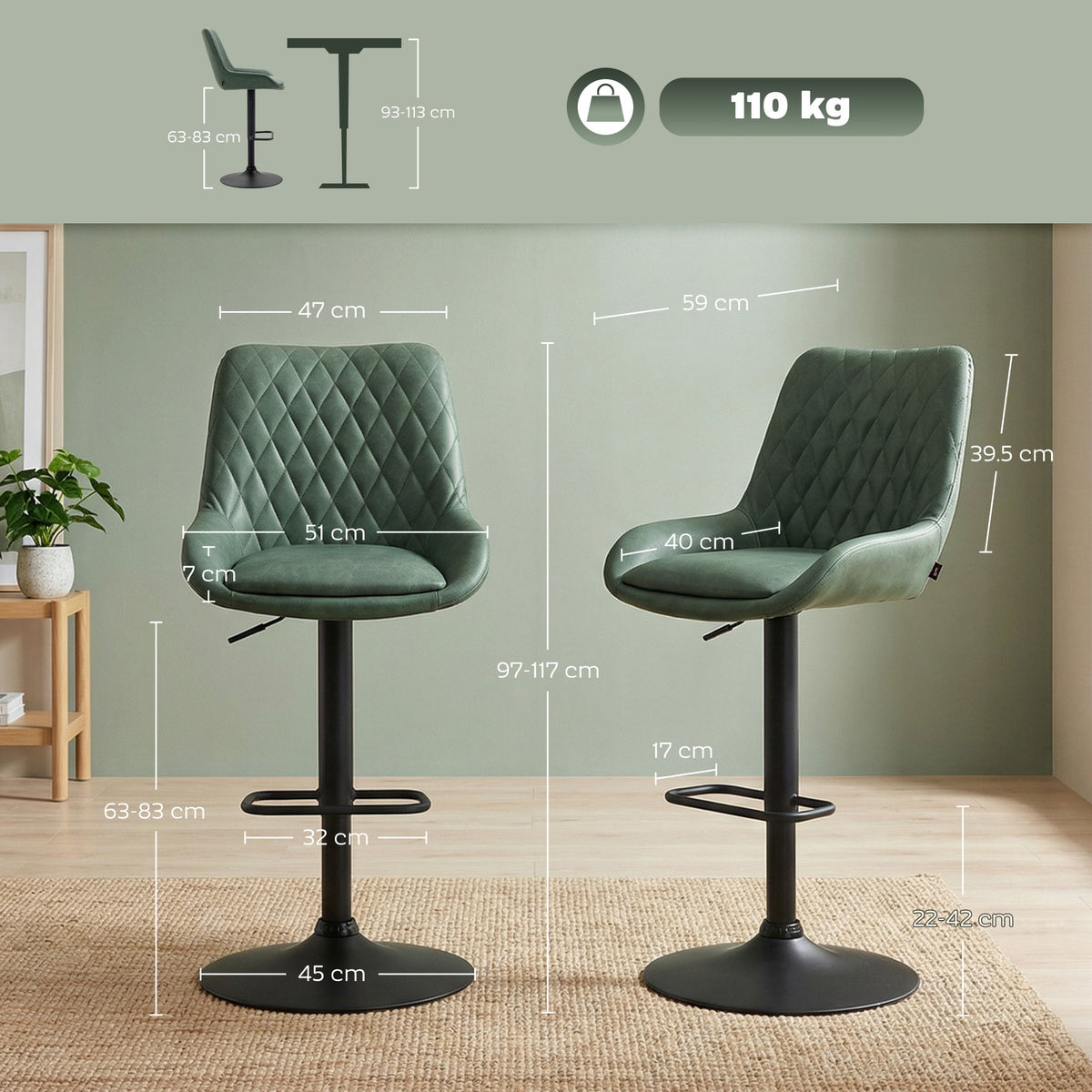 HOMCOM Retro Bar Stools Set of 2 in Green