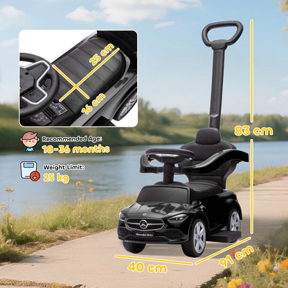 AIYAPLAY 2 in 1 Baby Ride on Push Car Mercedes-Benz C-Class Licensed Walker Foot to Floor Push-Along with Removable Handle, Black