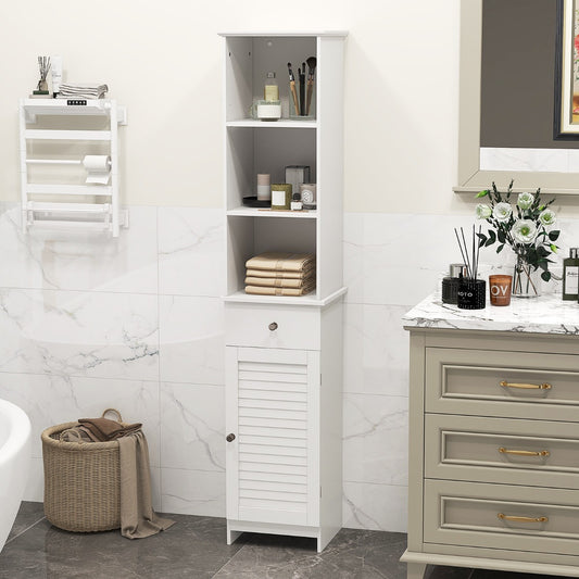 White floor cabinet with adjustable shelves shown in a bathroom setting next to a sink and basket