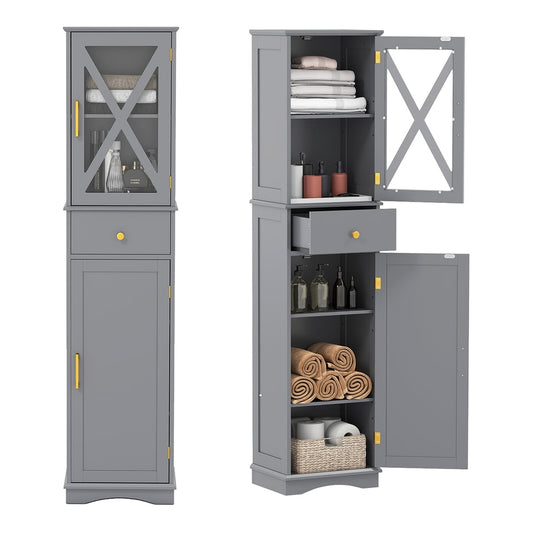 Tall Bathroom Cabinet with a glass door on top and a solid door below, showing shelves and a drawer