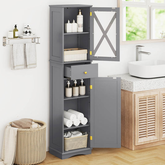 Grey tall bathroom cabinet with its doors open and a drawer pulled out, showing shelves and towels