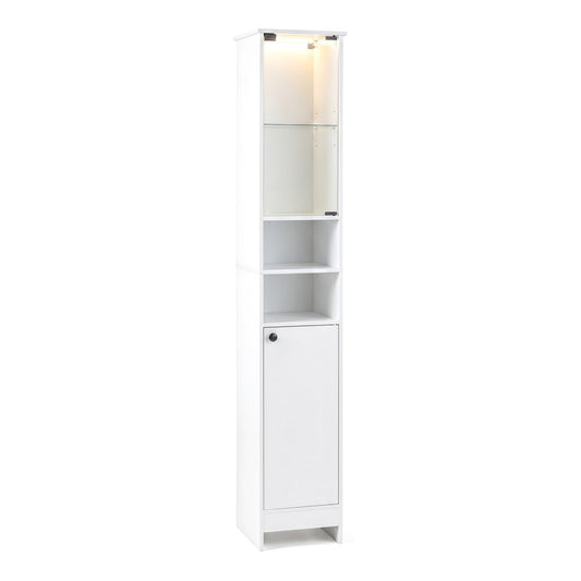 Tall Bathroom Cabinet in white with glass door, open shelves and internal lighting