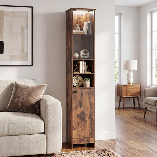 The tall bathroom cabinet placed in a living room next to a sofa