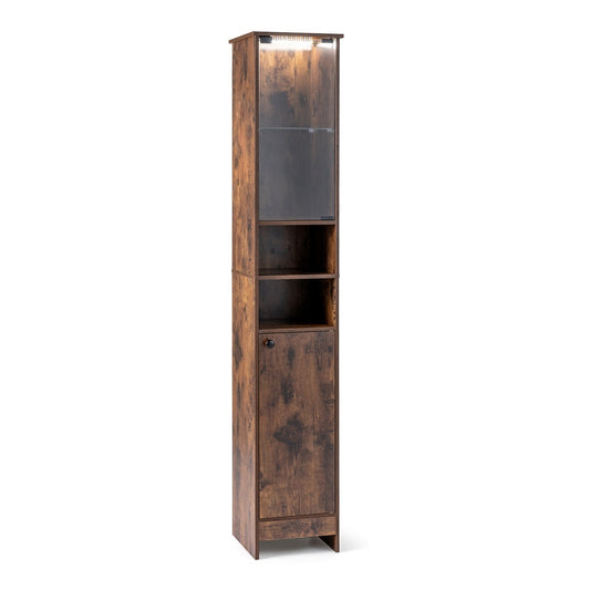 Tall Bathroom Cabinet in rustic brown with open shelves and a closed cabinet