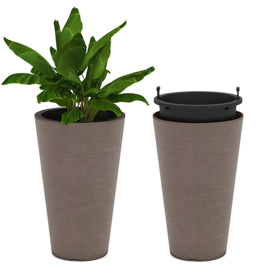Tall Round Planter Set of 2 with removable inner bucket and drainage holes in brown