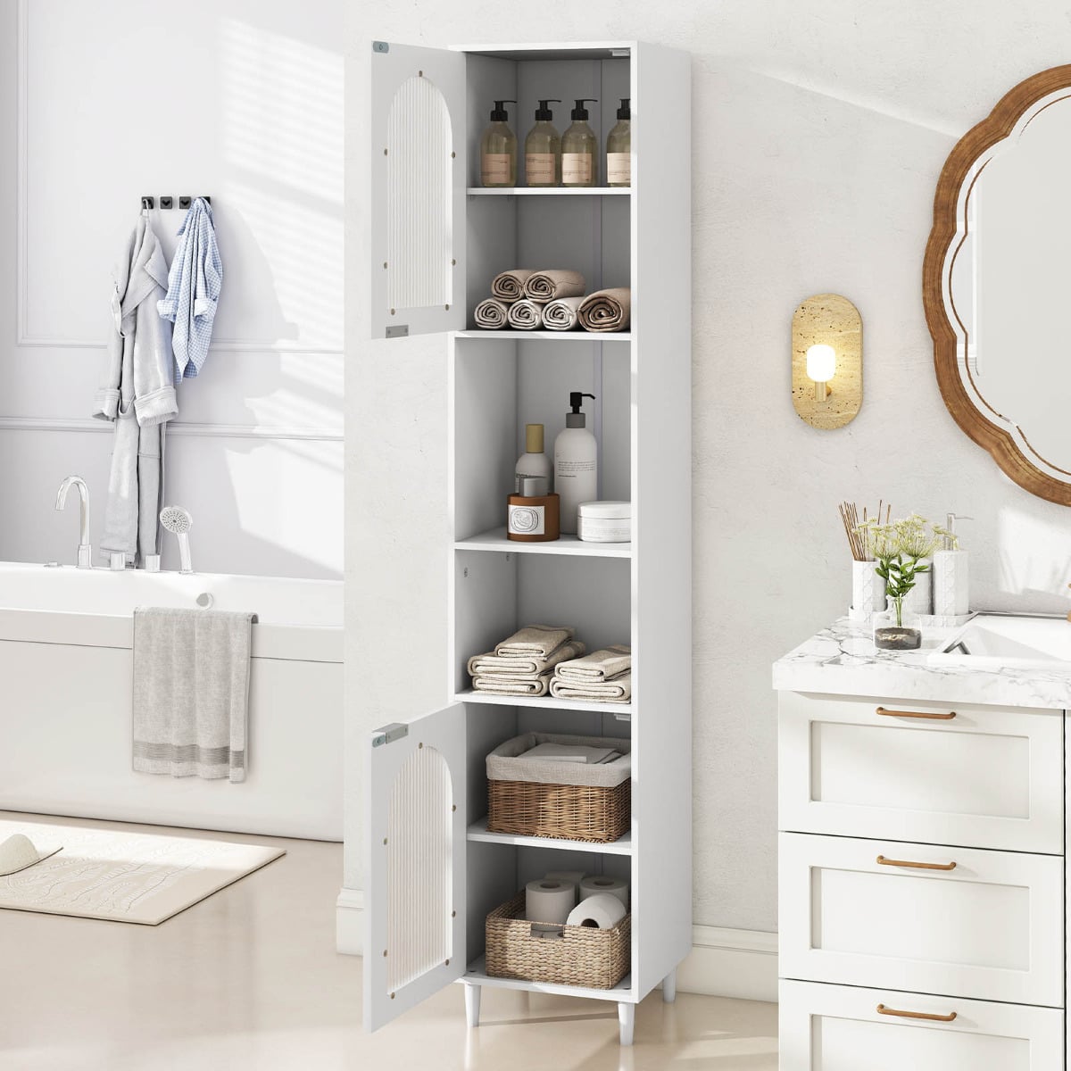 Tall Bathroom Storage Cabinet Narrow Home Organizer with 2 Fluted Glass Doors-White
