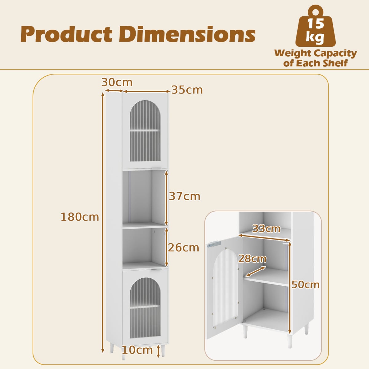 Tall Bathroom Storage Cabinet Narrow Home Organizer with 2 Fluted Glass Doors-White
