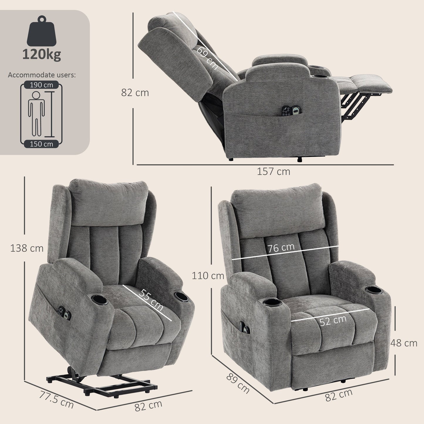 HOMCOM Power Lift Recliner Chair with Vibration Massage and Heat, Chenille Riser and Recliner Armchair for Elderly, Grey