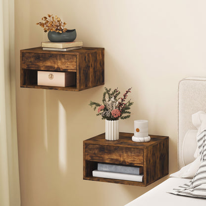 HOMCOM Set of Two Floating Bedside Tables in Rustic Brown