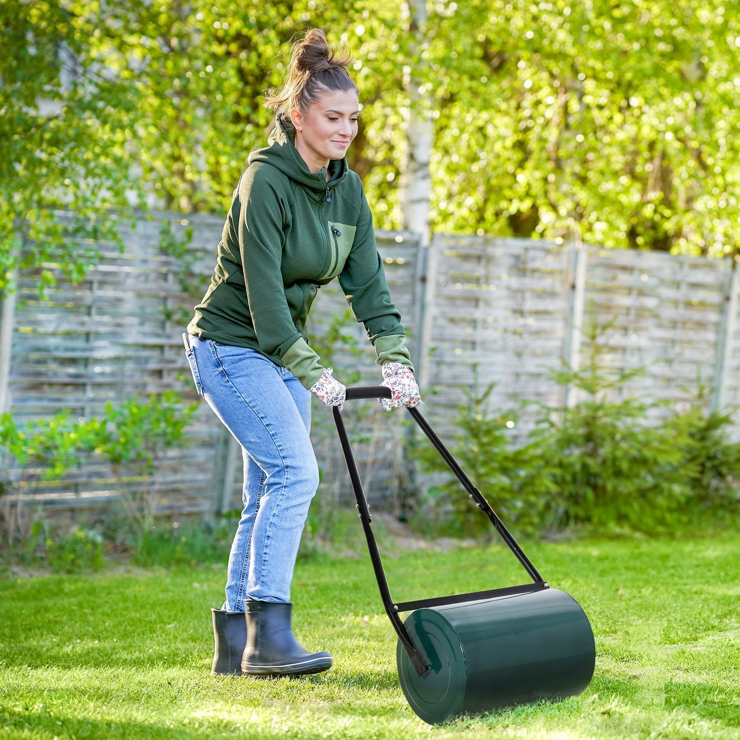 Outsunny 30 L Heavy Duty Water Or Sand Filled a30cm Garden Steel Lawn Roller Drum - Dark Green