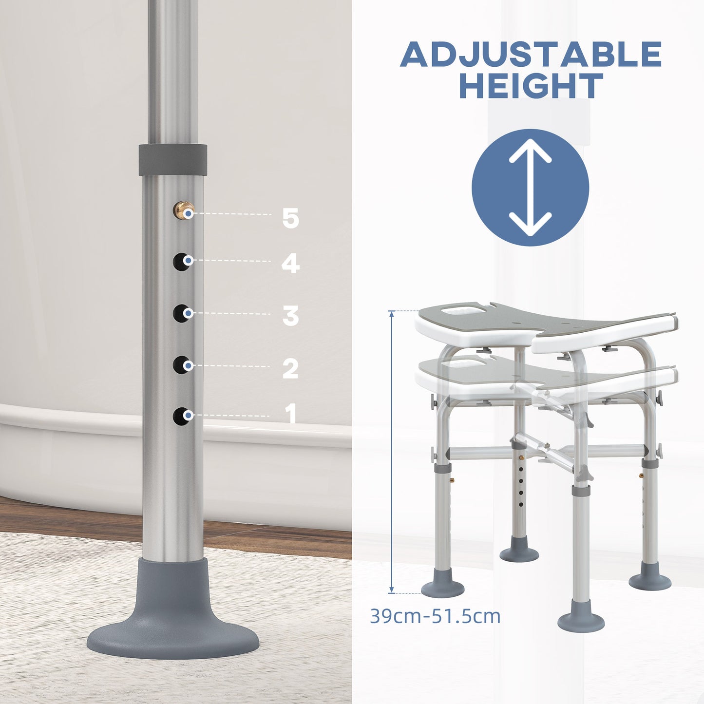 HOMCOM 39-51.5cm 'U' Seat Padded Shower Stool - Grey