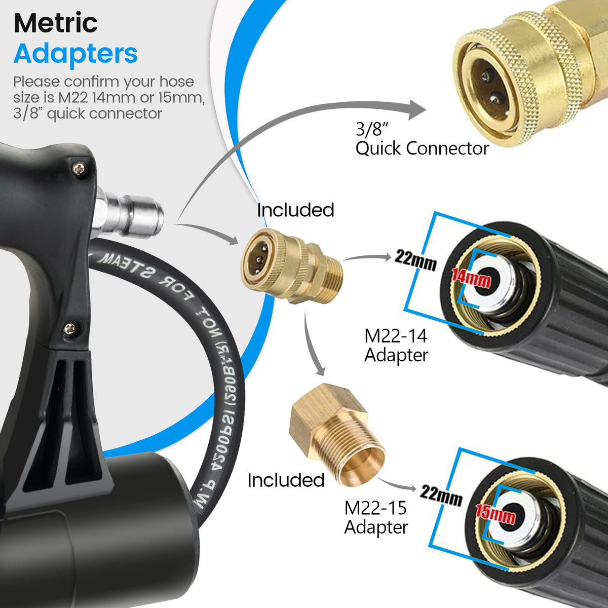 the pressure washer wand showing the brass hose adapters and quick connectors