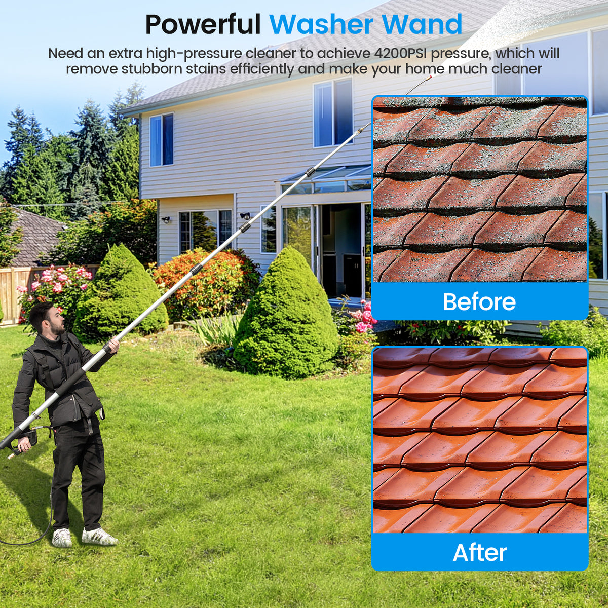 The pressure washer wand cleaning a dirty tiled roof with a before and after comparison