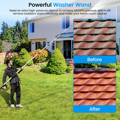 The pressure washer wand cleaning a dirty tiled roof with a before and after comparison