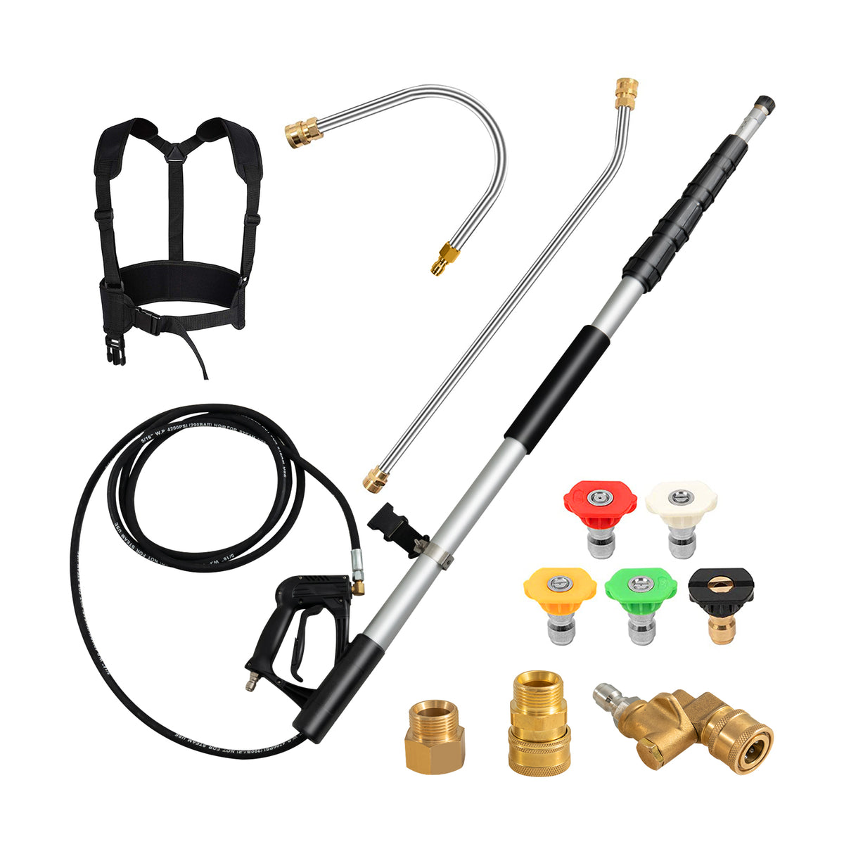 Telescoping Wand for Pressure Washers with 5 Spray Nozzles and accessories laid out on white background