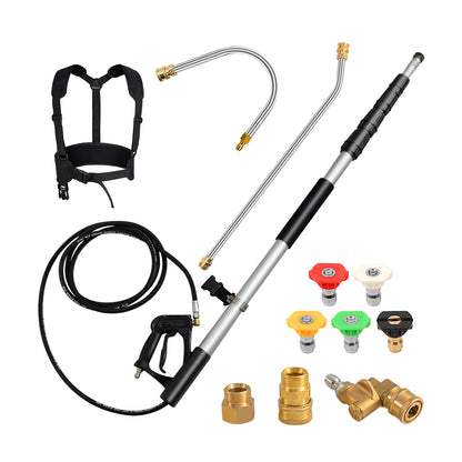 Telescoping Wand for Pressure Washers with 5 Spray Nozzles and accessories laid out on white background