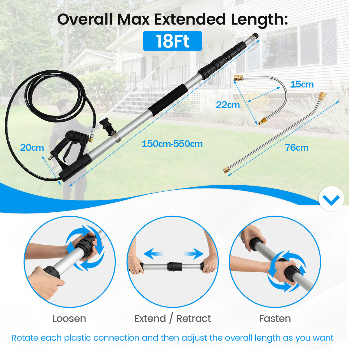 The telescoping wand showing length adjustments and how to tighten the locking mechanism