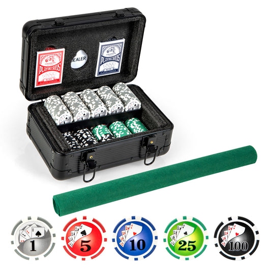 Texas Holdem Poker Chip Set open with chips and cards inside a black case and a green felt roll