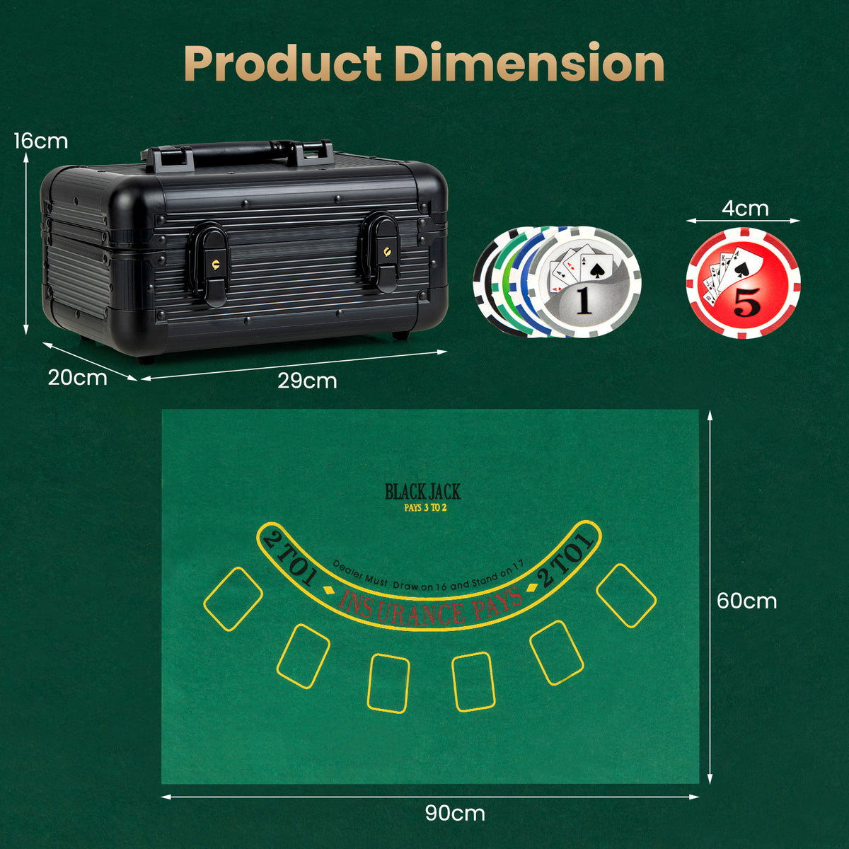 Dimensions of the poker chip case and the blackjack table layout