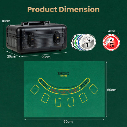 Dimensions of the poker chip case and the blackjack table layout