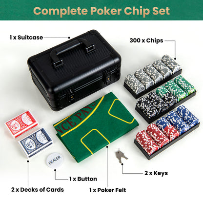 Contents of the complete poker chip set including case, chips, cards, felt and keys