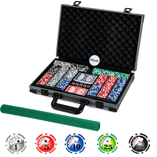 Texas Holdem Poker Chip Set open case showing chips, cards and dealer button