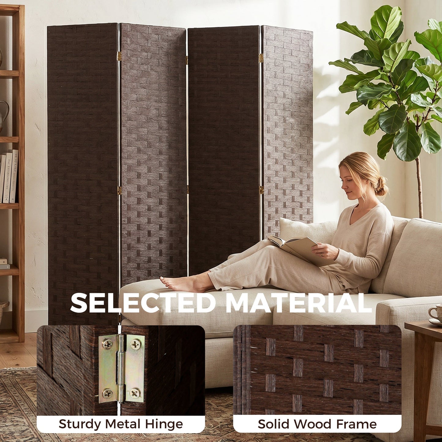 HOMCOM Wave Fibre Freestanding Folding Privacy Screen Panels, Room Divider, Dark Brown