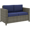 Outsunny Rattan Sofa, 2 Seater Garden Furniture with Soft Padded Cushion and Armrests, Wicker Garden Loveseat for Patio, Navy Blue