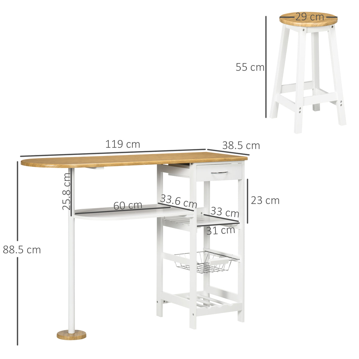 HOMCOM 3 Piece Bar Table Set in Natural and White