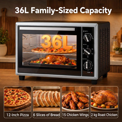 HOMCOM 36L Mini Oven with Convection, Electric Countertop Cooker with Rotisserie, 90-230°C Adjustable Temperature, 1500 W