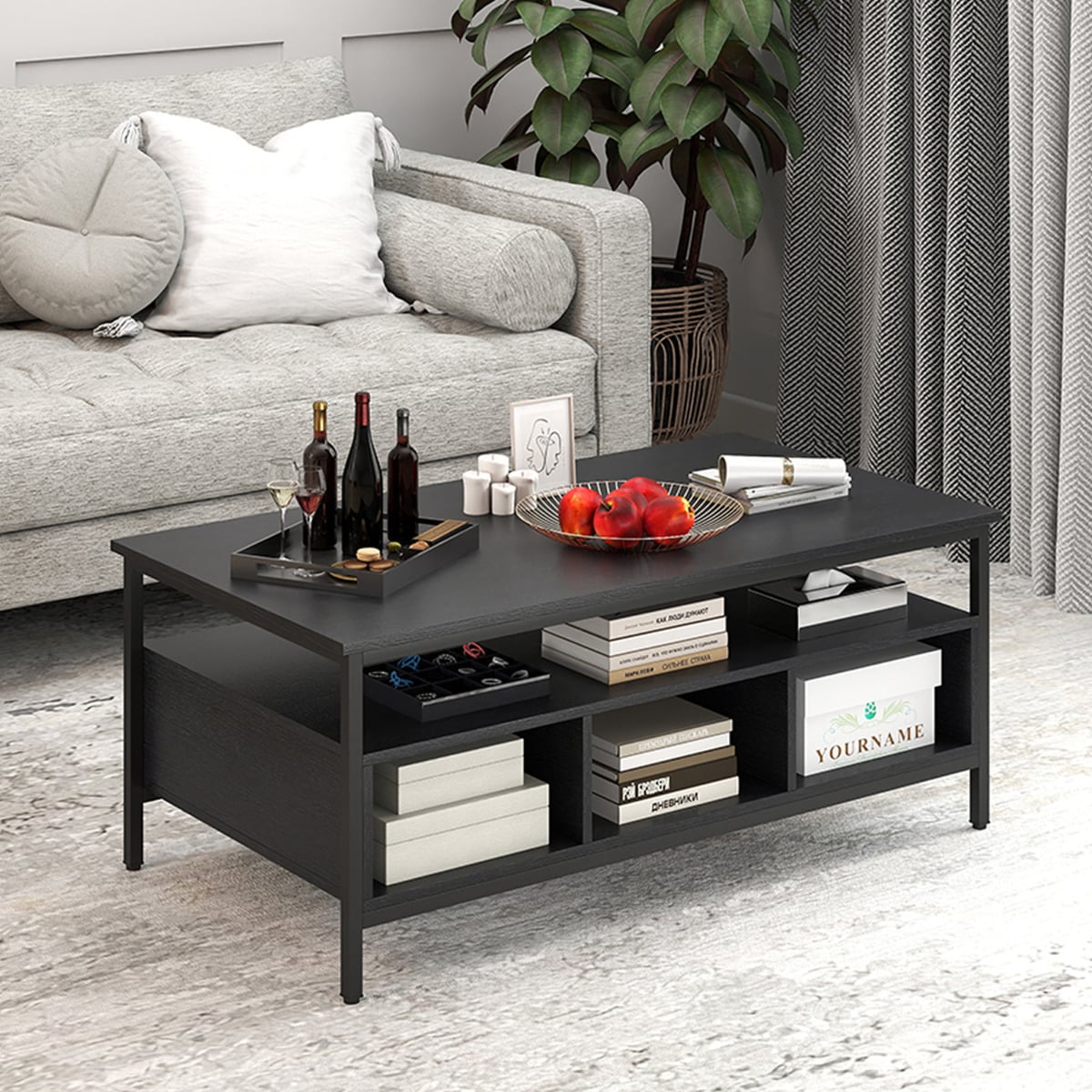 Industrial 3-Tier Coffee Table ith Open Shelf and 6 Compartments-Black