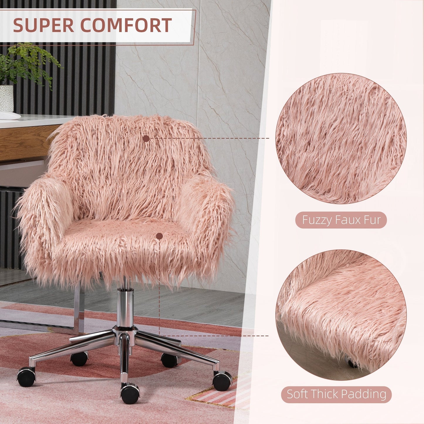Vinsetto Faux Fur Desk Chair, Rolling Swivel Makeup Chair with Adjustable Height, Armrets for Home Office, Bedroom, Pink