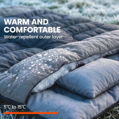 Outsunny Double Sleeping Bag with 2 Pillows, 220 x 160 cm Extra-Large Sleeping Bag for Adults, Black and Grey