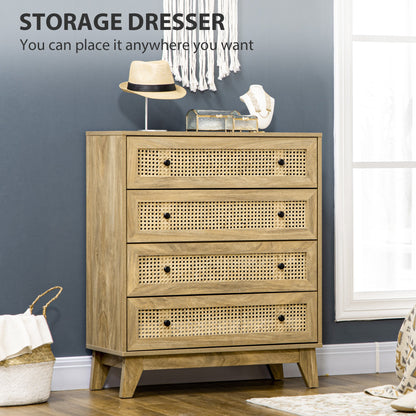 HOMCOM Chest of Drawer with 4 Rattan Drawers, Beside Table with Door, Natural