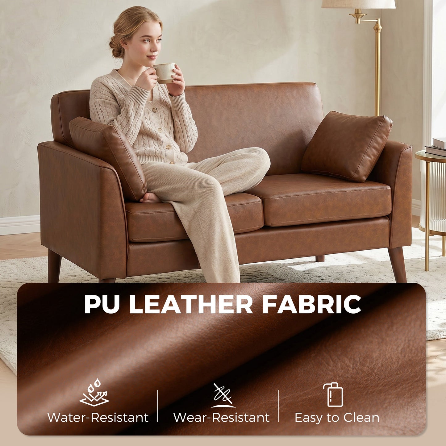 HOMCOM 2 Seater Sofa, 132 cm Modern Small Sofa with Solid Wood Legs and 2 Pillows for Small Space, Brown