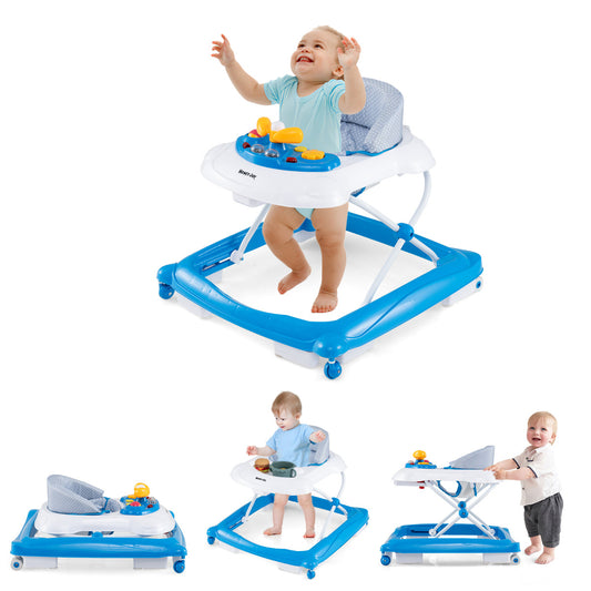 Toddler Activity Center Push Walker with 3 Adjustable Heights-Blue, a blue and white baby walker with a toy tray