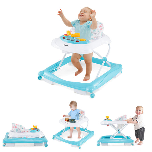 Toddler Activity Center Push Walker with 3 Adjustable Heights in green with a baby inside