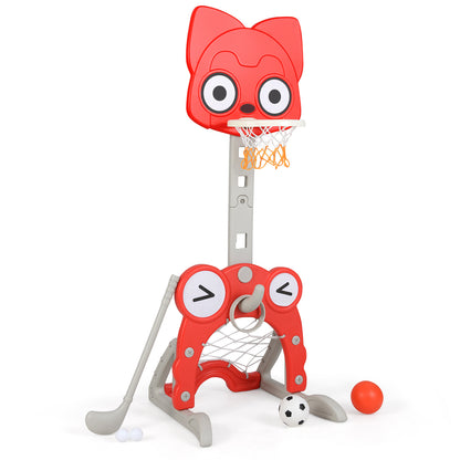 Toddler Basketball Hoop with Rim and Soccer Goal with a red cat face design and accessories