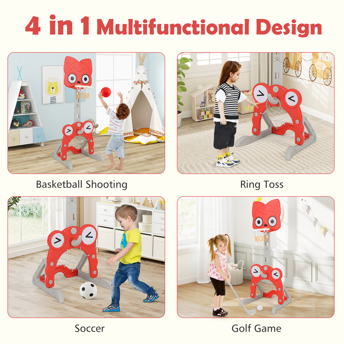 Four different ways to play with the toy sports hoop and goal