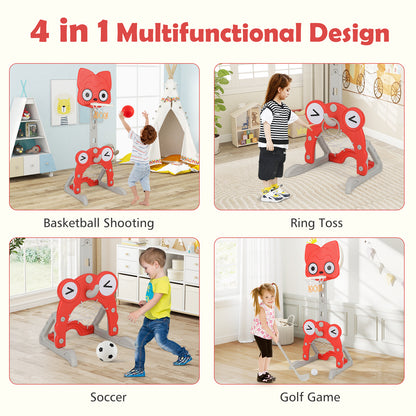 Four different ways to play with the toy sports hoop and goal