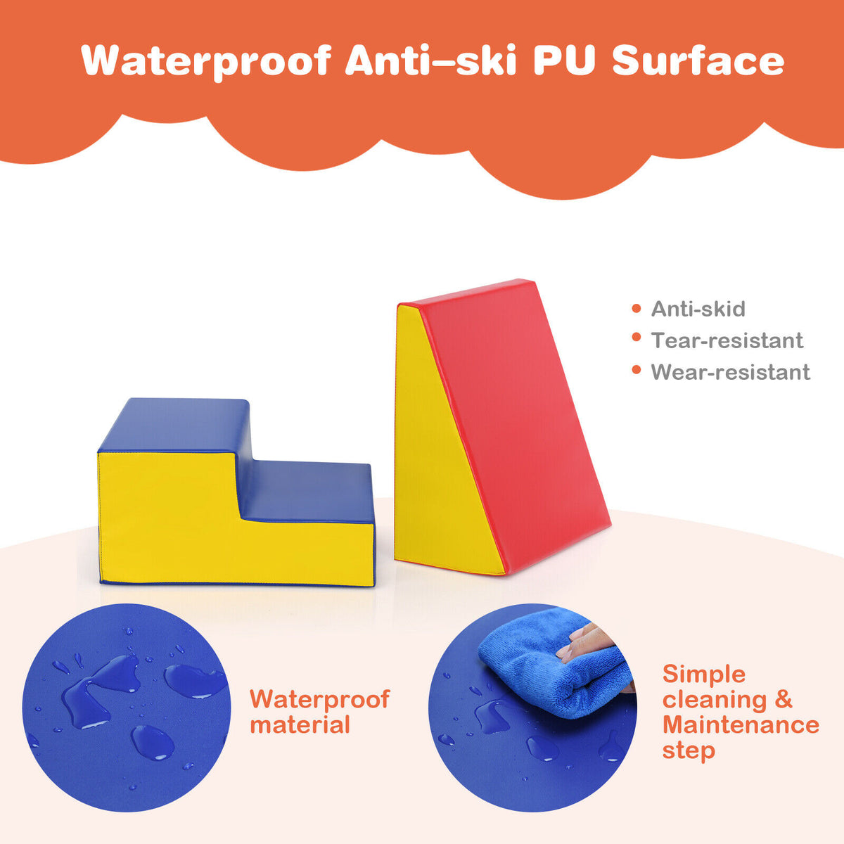 The soft play set showing the waterproof surface being wiped clean with a cloth