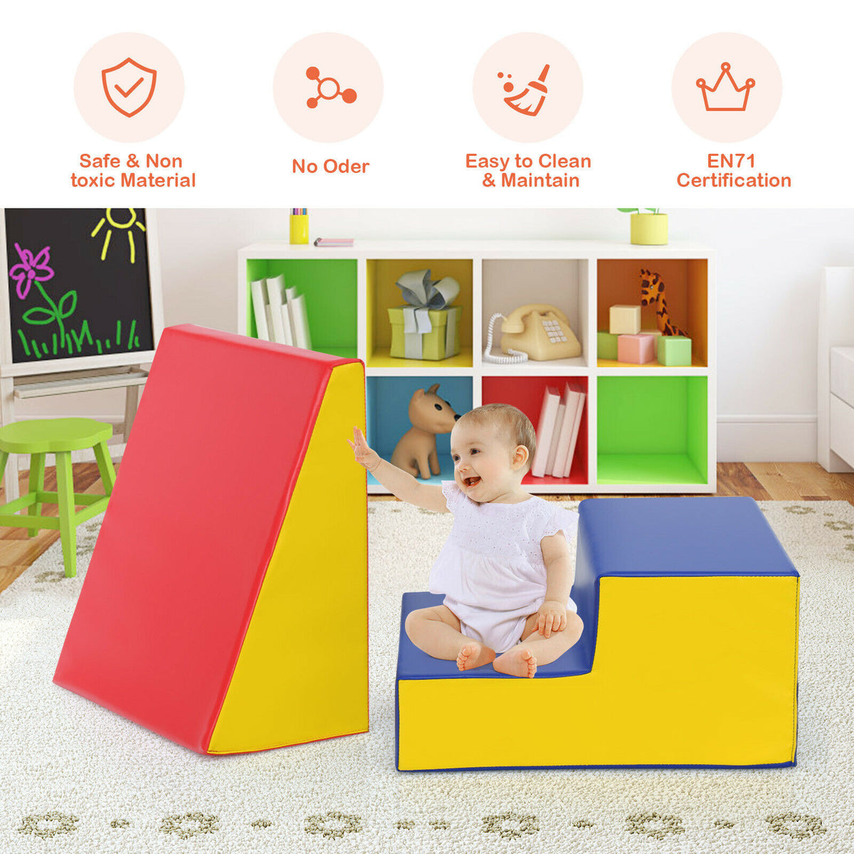 The soft play set with a baby sitting on the steps and icons showing safety features